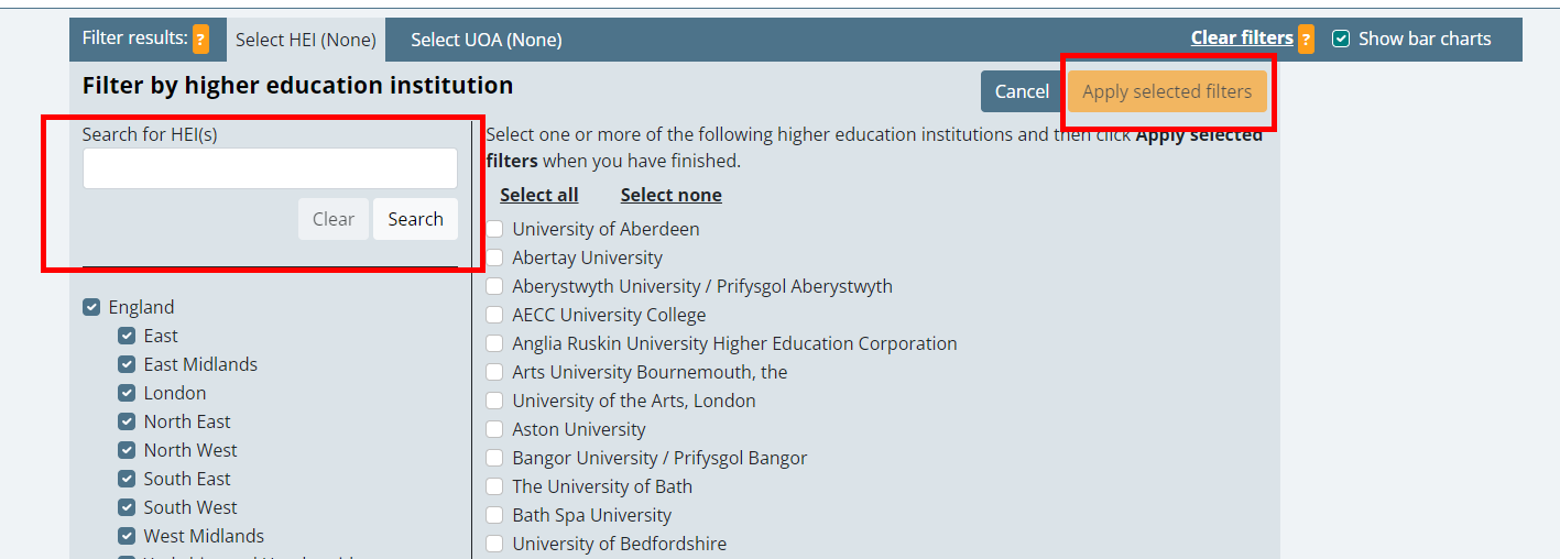 Screen shot showing the location of the Search for HEI(s) box and the Apply selected filters option